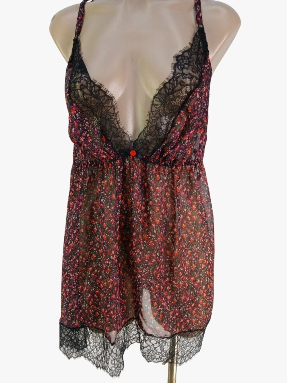 Cacique Floral Babydoll Nighty 4X Lingerie Sheer Lace Kimono Robe Black Red Flor - Picture 3 of 16